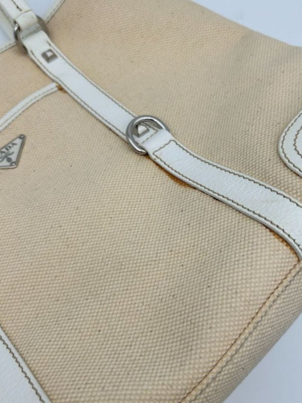 Prada Tote Shoulder Triangle Plate Logo Canvas Leather Beige - Picture 14 of 16